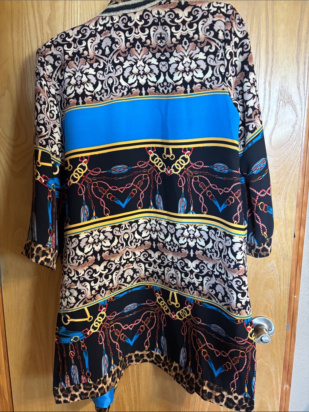 Peter Nygard Blue & Black Printed Kimono Robe with Leopard Trim - Picture 2 of 4